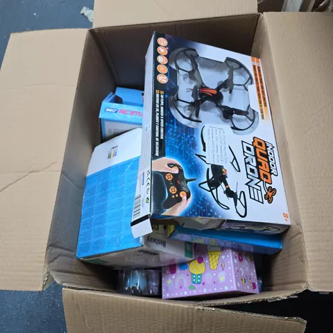 BOX OF APPROXIMATELY 14 ASSORTED TOYS INCLUDING INDOOR QUAD DRONE , FARTING NINJA AND RC STUNT CAR 