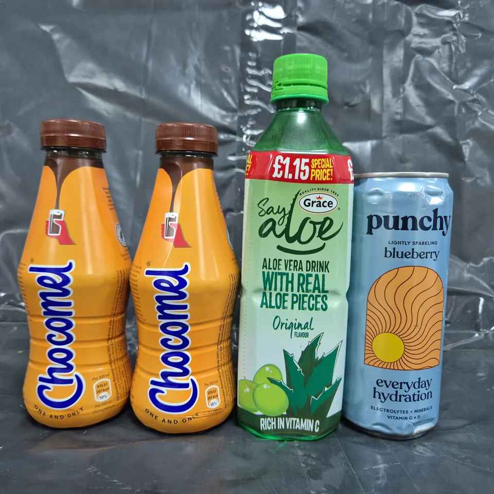 APPROXIMATELY 10 ASSORTED FOOD ITEMS TO INCLUDE ALOE VERA DRINK, CHOCOMEL, ETC
