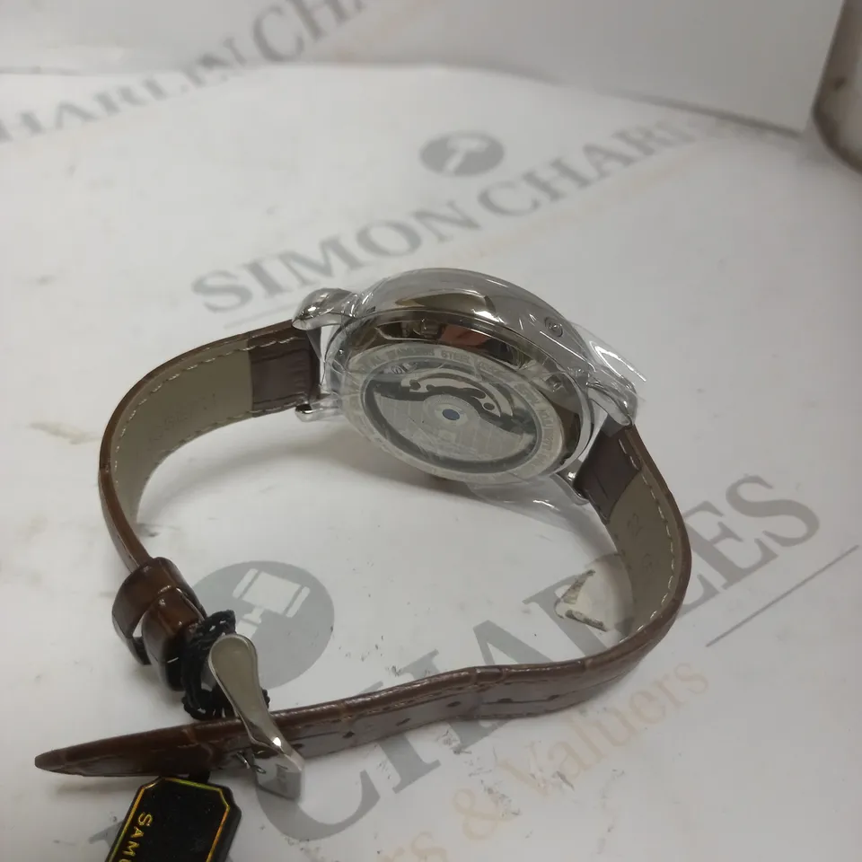 BOXED SAMUEL JOSEPH AUTOMATIC STEEL BROWN WATCH WITH LEATHER STRAP