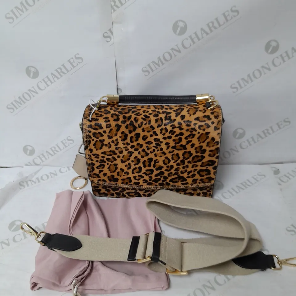 RADLEY LONDON FUR FINISH HANDBAG IN LEOPARD PRINT AND BLACK WITH BEIGE CROSSBODY STRAP AND GOLD DETAILS