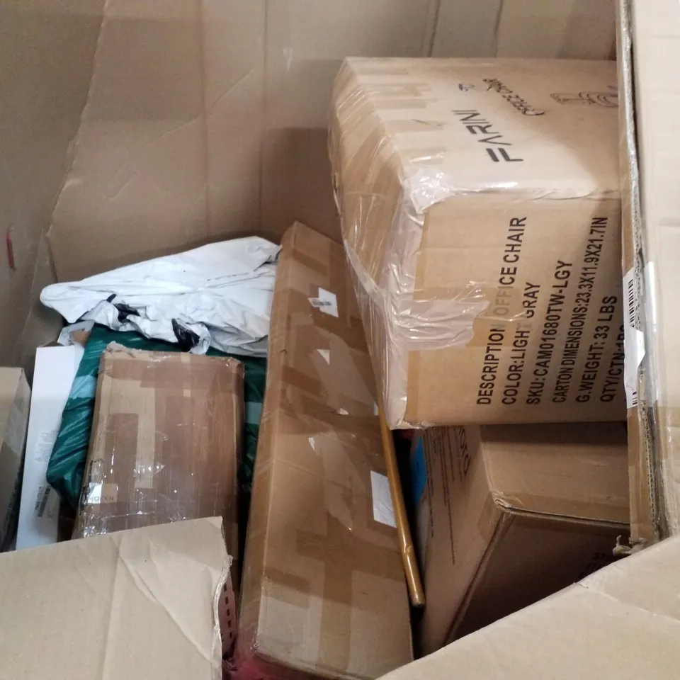 PALLET OF ASSORTED PRODUCTS INCLUDING OFFICE CHAIR, ELECTRIC GRIDDLE, VACUUM STAND, JUMBO 4 IN A ROW