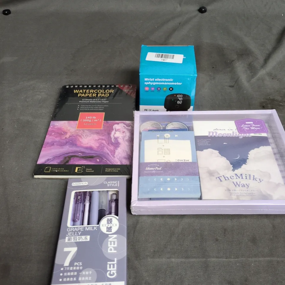 APPROXIMATELY 15 ASSORTED HOUSEHOLD ITEMS TO INCLUDE WATERCOLOUR PAPER PAD, WRIST ELECTRONIC SPHYGMOMANOMETER AND GEL PENS