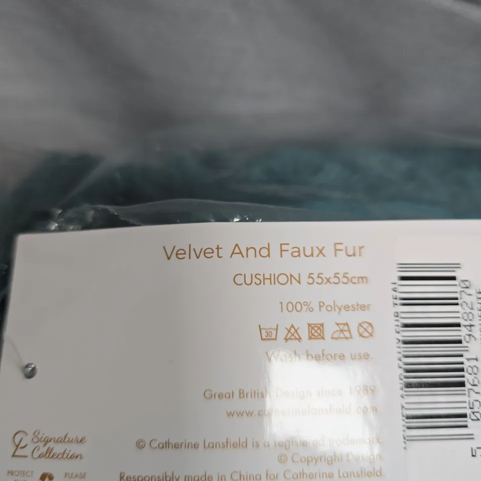 CATHERINE LANSFIELD VELVET & FAUX FUR CUSHION – TEAL, 55X55CM