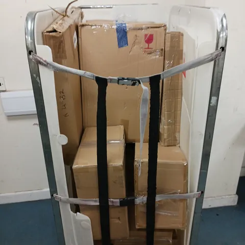 CAGE OF APPROXIMATELY 10 ASSORTED HOUSEHOLD ITEMS TO INCLUDE - PRELIT WIRE CHRISTMAS DECOR, LOCKNLOCK KITCHEN BOXES, AND LARGE FOLDING STORAGE BOXES ETC.