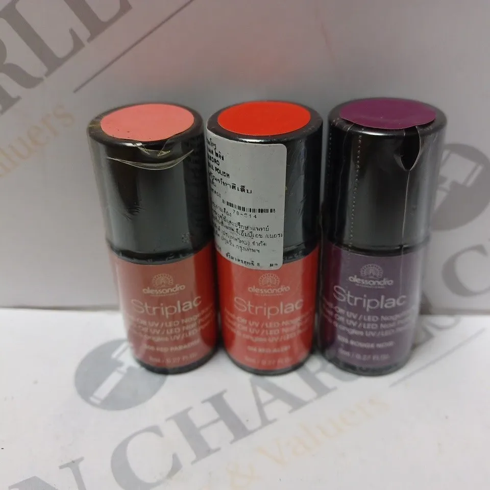 BOX OF APPROXIMATELY 75 X 8ML VIALS OF ALESSANDRO STRIPLAC NAIL POLISH IN ROUGE NOIR, RED ALERT, RED PARADISE