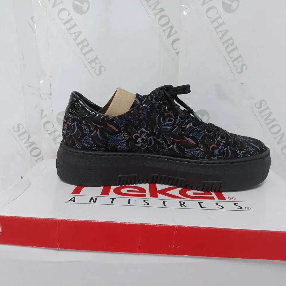 BOXED PAIR OF RIEKER FLORAL TRAINERS IN BLACK SIZE 5 