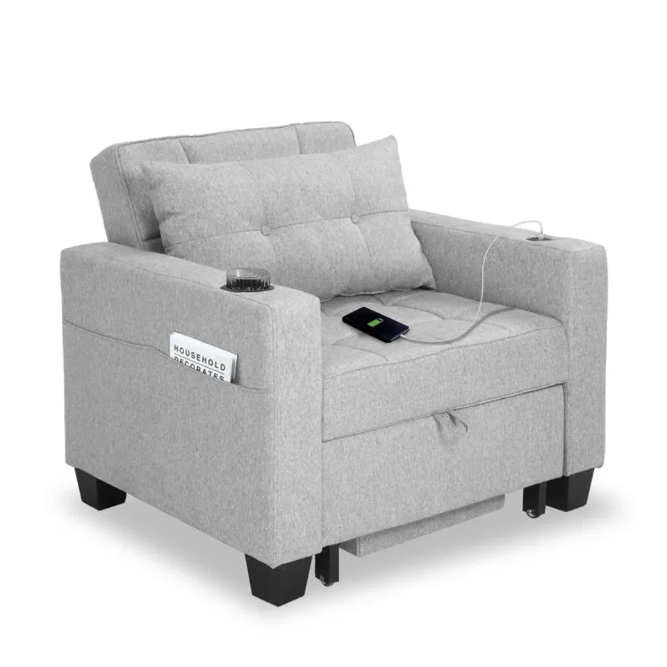 BOXED LATITUDE RUN 93cm LINEN SINGLE PULL-OUT SOFA BED 3 IN 1 CONVERTIBLE - LIGHT GREY (2 BOXES)