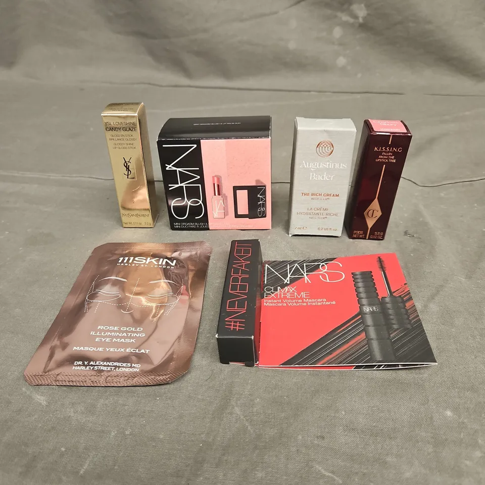 LOT OF 6 ASSORTED COSMETIC PRODUCTS TO INCLUDE - 111SKIN ROSE GOLD ILLUMINATING EYE MASK - CHARLOTTE TILBURY LIPSTICK IN ICON BABY - AUGUSTINUS BADER THE RICH CREAM - ETC
