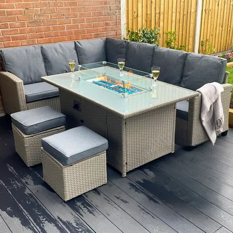 BOXED THE CONWY 8 SEAT CORNER GAS FIREPIT RATTAN DINING SET - MIXED GREY (3 BOXES)