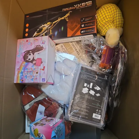 LARGE QUANTITY OF ASSORTED TOYS AND GAMES TO INCLUDE - ASSORTED TEDDIES , REMOTE CONTROL HELICOPTER AND BASKETBALL