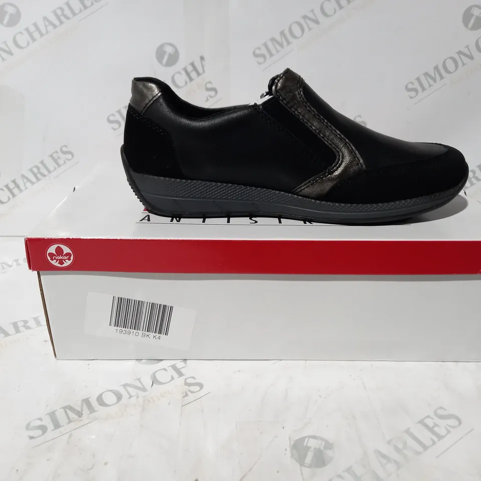 BOXED PAIR OF RIEKER TRAINER SHOES IN BLACK UK SIZE 4