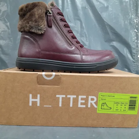 BOXED PAIR OF HOTTER RAPID III-RAPSXE ANKLE BOOTS IN MAROON UK SIZE 6