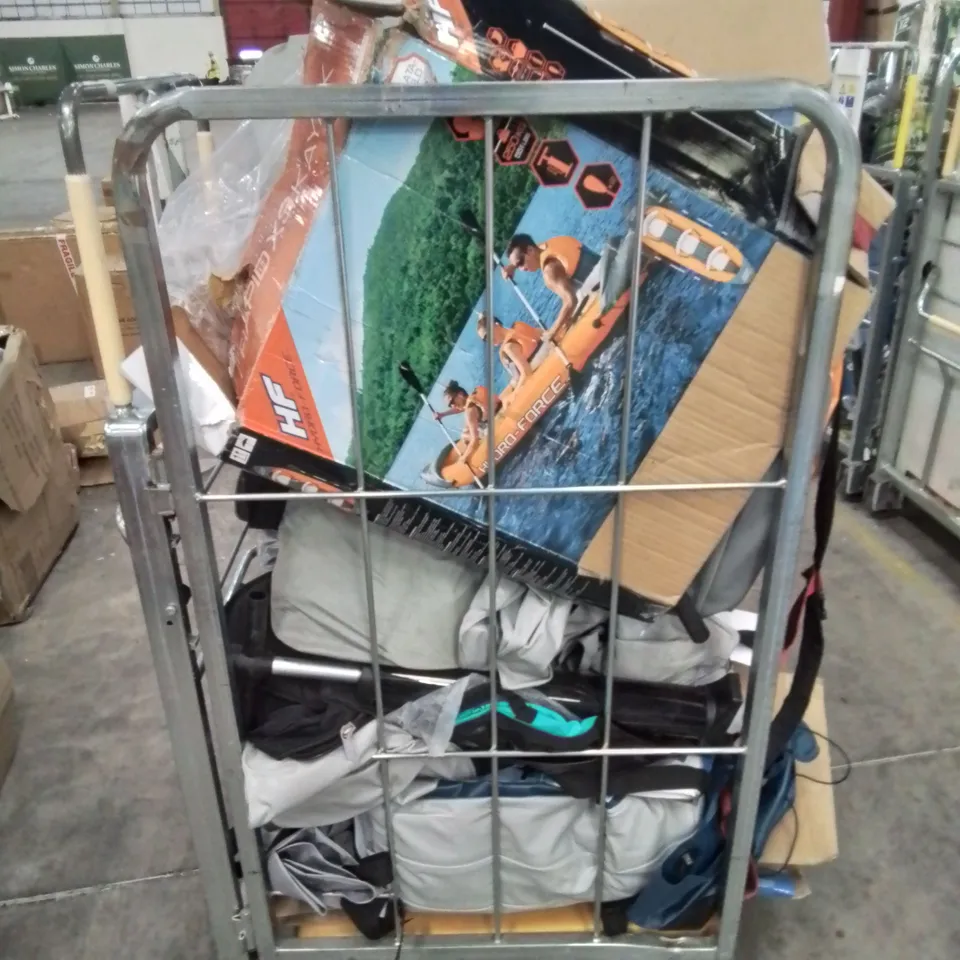 CAGE OF UNTESTED ASSORTED INFLATABLE KAYAKS AND ACCESSORIES 