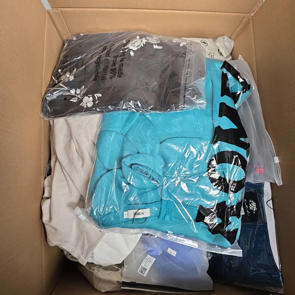 LARGE BOX OF APPROXIMATELY 20 ASSORTED CLOTHING ITEMS IN VARIOUS SIZES, STYLES AND COLOUR 