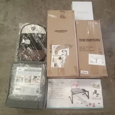 PALLET OF ASSORTED ITEMS INCLUDING AMAGABELI FIREPLACE TOOLS, IRON LANTERN DECORATION, MULTIFUNCTIONAL LAPTOP TABLE, FOLDABLE PET CARRIER, MAXCAM STORAGE CASE, WEIGHTED BLANKET