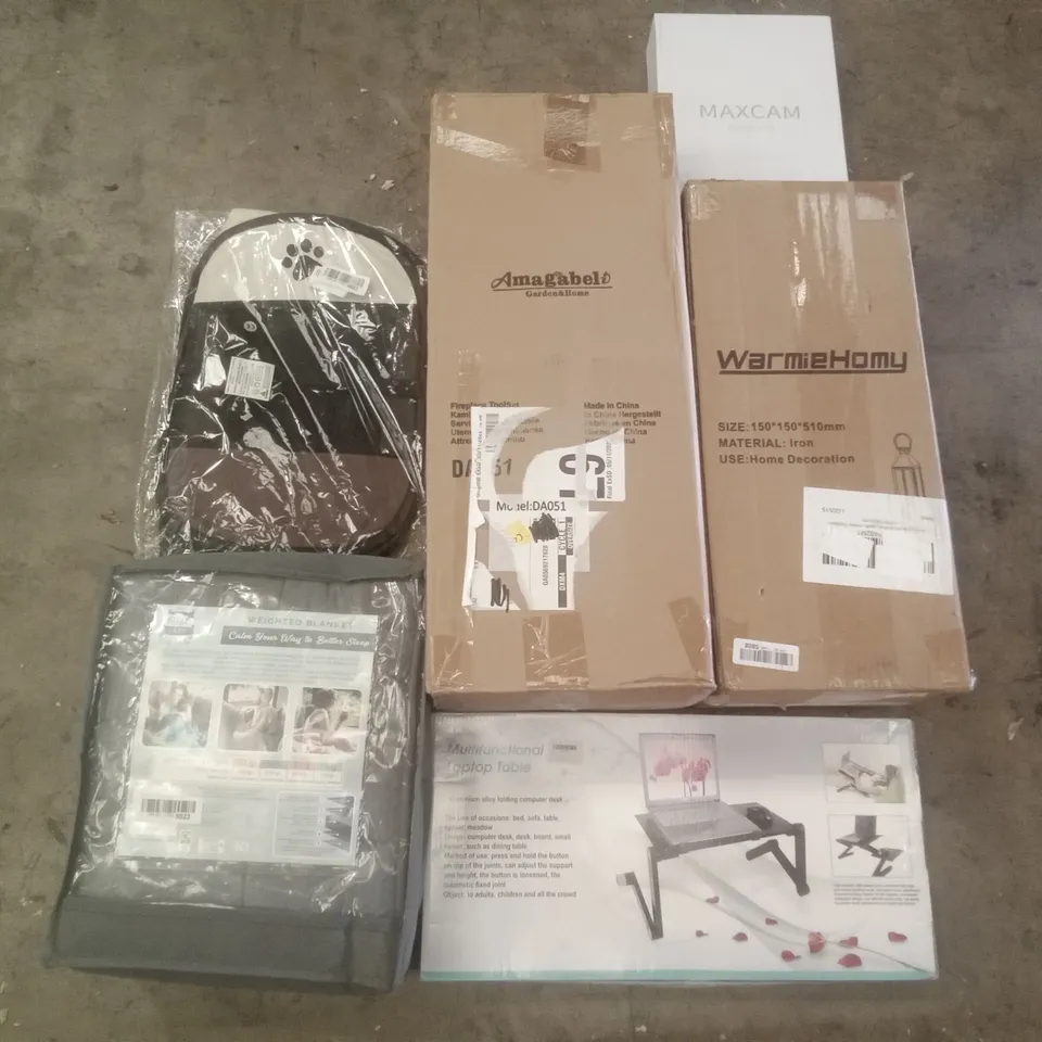 PALLET OF ASSORTED ITEMS INCLUDING AMAGABELI FIREPLACE TOOLS, IRON LANTERN DECORATION, MULTIFUNCTIONAL LAPTOP TABLE, FOLDABLE PET CARRIER, MAXCAM STORAGE CASE, WEIGHTED BLANKET 