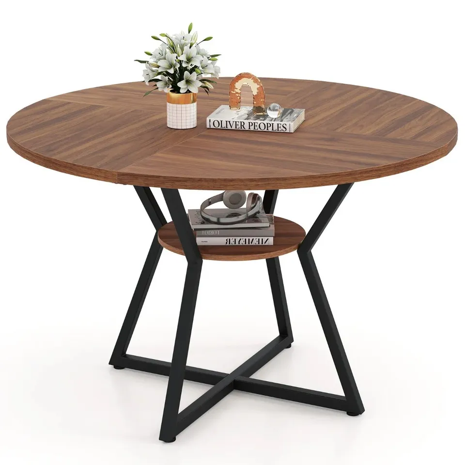 BOXED COSTWAY DINING TABLE FOR 4-6 PEOPLE, ROUND WOODEN KITCHEN TABLES WITH STORAGE SHELVES