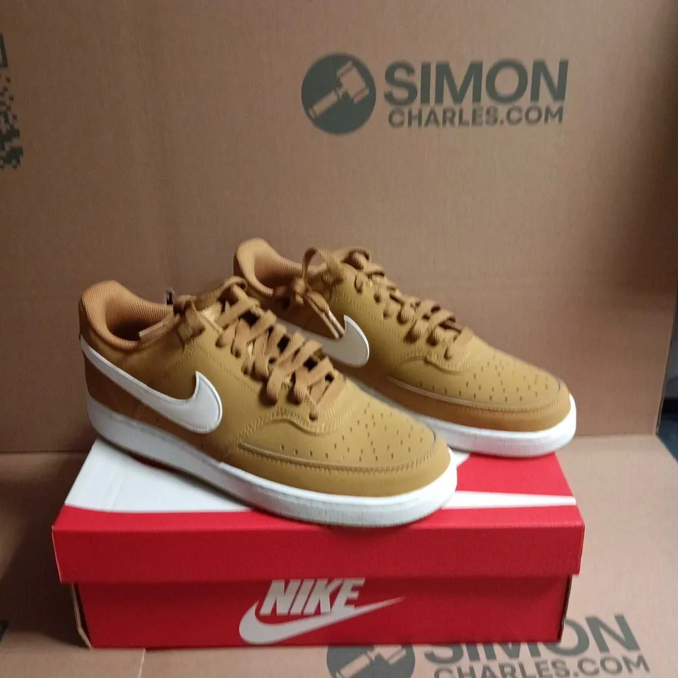 NIKE TRAINERS – TAN NUBUCK WITH WHITE SWOOSH SIZE 8