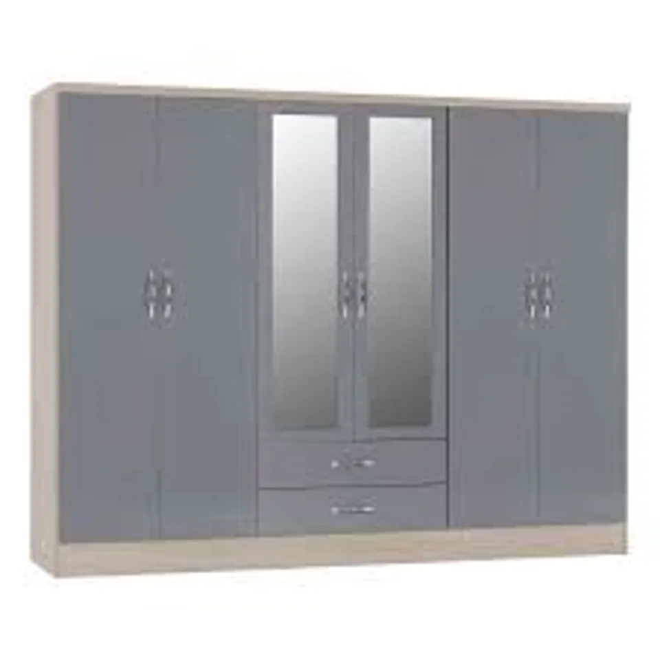BOXED NEVADA 6 DOOR 2 DRAWER WARDROBE- GREY GLOSS (4 BOXES)