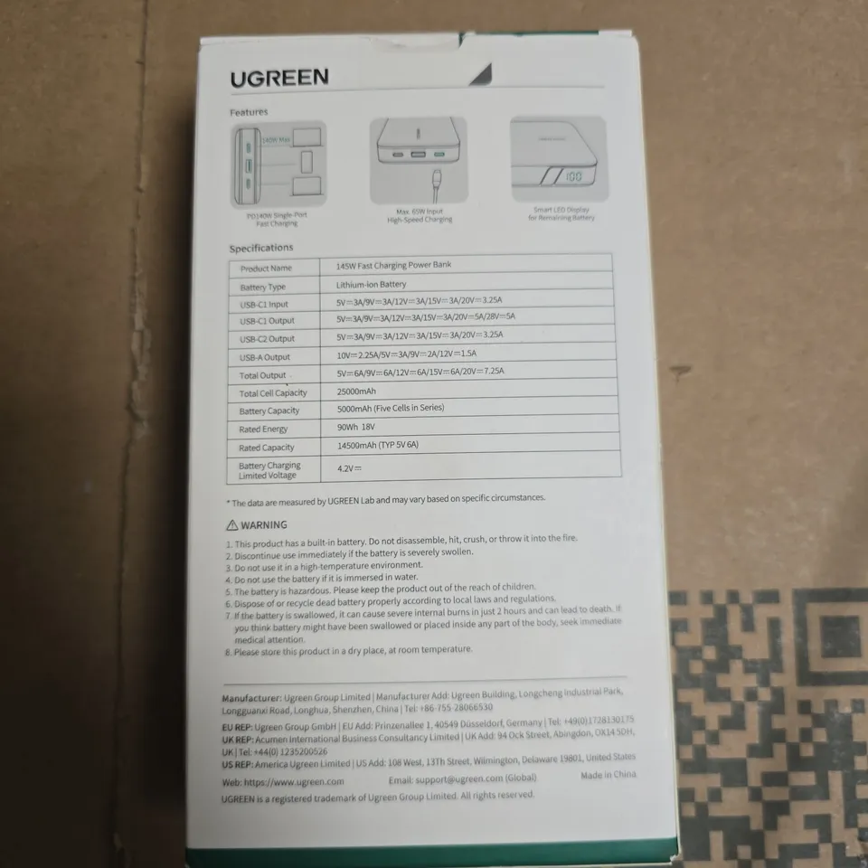 UGREEN 25,000MAH FAST CHARGING POWER BANK – PD 3.1, 140W MAX, BOXED