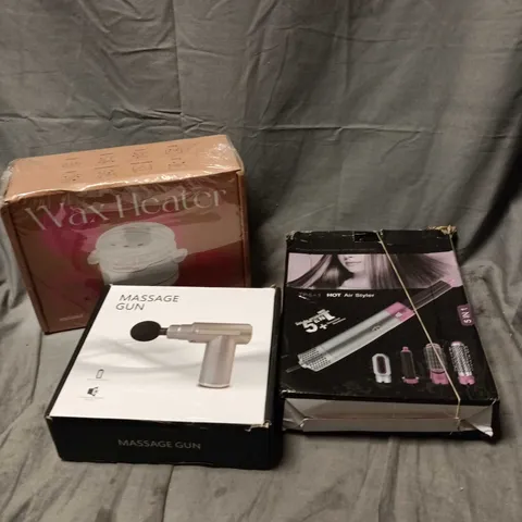 BOX OF APPROXIMATELY 12 ASSORTED HOUSEHOLD ITEMS TO INCLUDE HOT AIR STYLER, MASSAGE GUN, WAX HEATER ETC