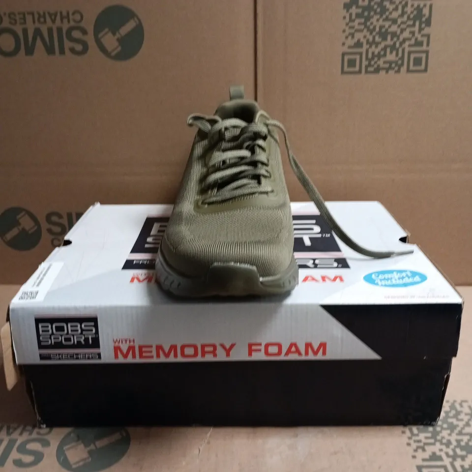 SKECHERS BOBS SPORT VEGAN MEMORY FOAM SNEAKERS – OLIVE, UK 12 (US 13)