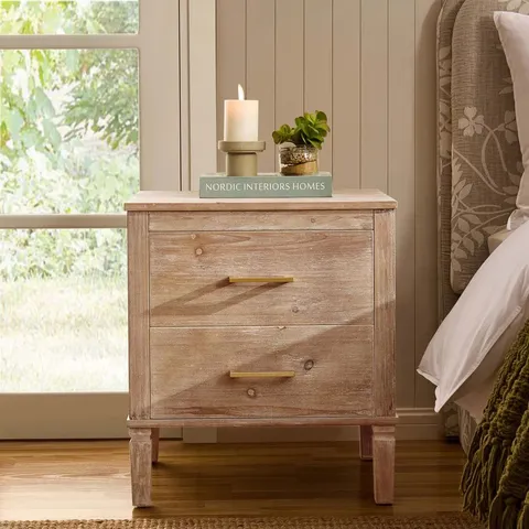 BOXED DUSK SIENNA 2 DRAWER BEDSIDE TABLE - WASHED WOOD (1 BOX)