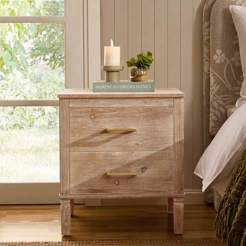 BOXED DUSK SIENNA 2 DRAWER BEDSIDE TABLE - WASHED WOOD (1 BOX)