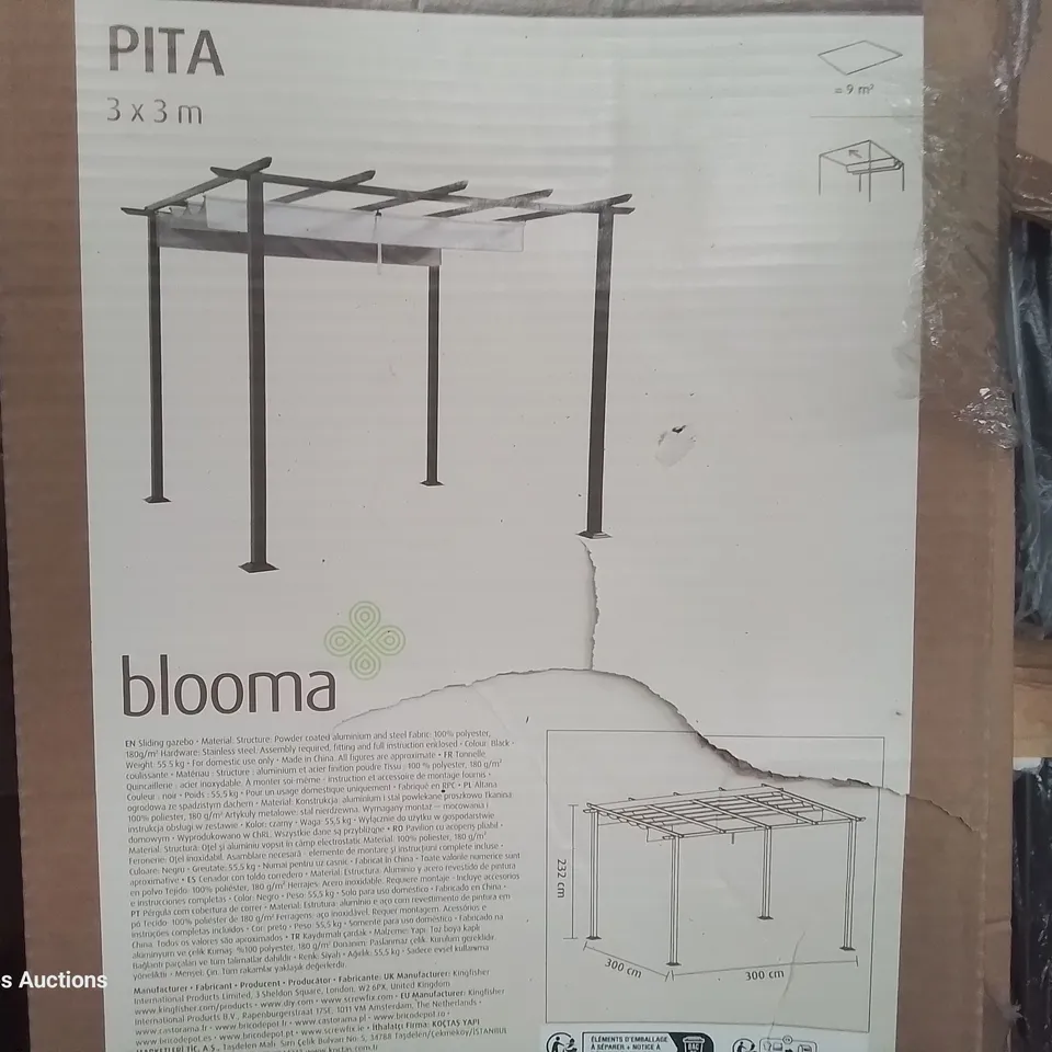 BOXED BLOOMA PITA SLIDING FABRIC ROOF GAZEBO 3 × 3M 