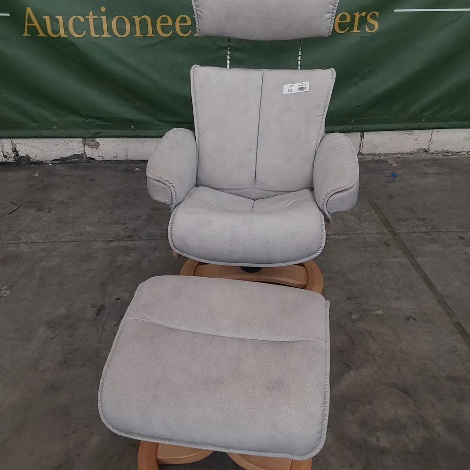 QUALITY BRITISH DESIGNER G PLAN BERGEN CHAIR & FOOTSTOOL STINGRAY PLATINUM FABRIC 