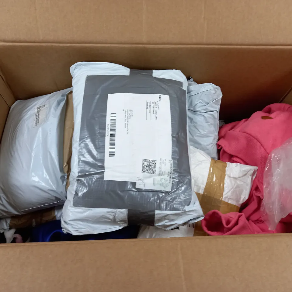 BOX OF ASSORTED CLOTHING ITEMS IN VARIOUS COLOURS, SIZES AND STYLES