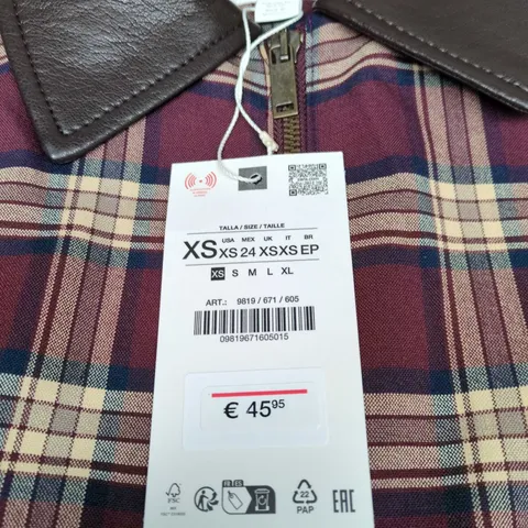 ZARA WOMEN'S PLAID ZIP-FRONT JACKET WITH BROWN LEATHER COLLAR – SIZE XS