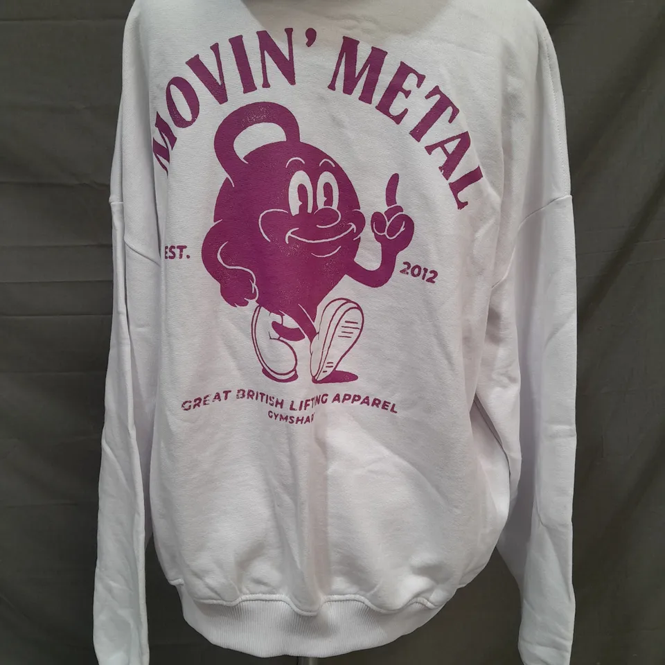 GYM SHARK MOVIN' METAL GFX OVERSIZED FIT HOODIE IN WHITE SIZE XS