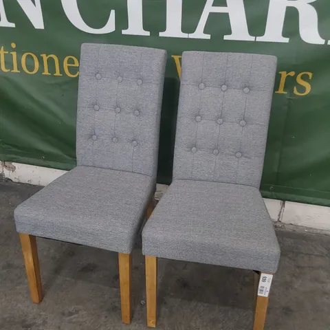 PAIR OF UPHOLSTERED BUTTONED BACK DINING CHAIRS GREY FABRIC ON NATURAL WOOD LEGS