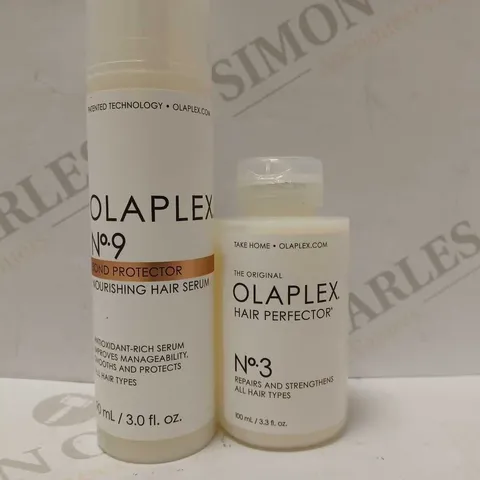 LOT OF 2 OLAPLEX PRODUCTS TO INCLUDE NO.9 NOURISHING HAIR SERUM & NO.3 HAIR PERFECTOR