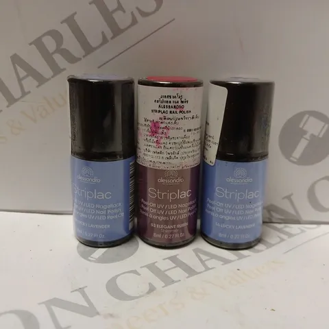 BOX OF APPROXIMATELY 75 X 8ML VIALS OF ALESSANDRO STRIPLAC NAIL POLISH IN ELEGANT RUBIN, LUCKY LAVENDER