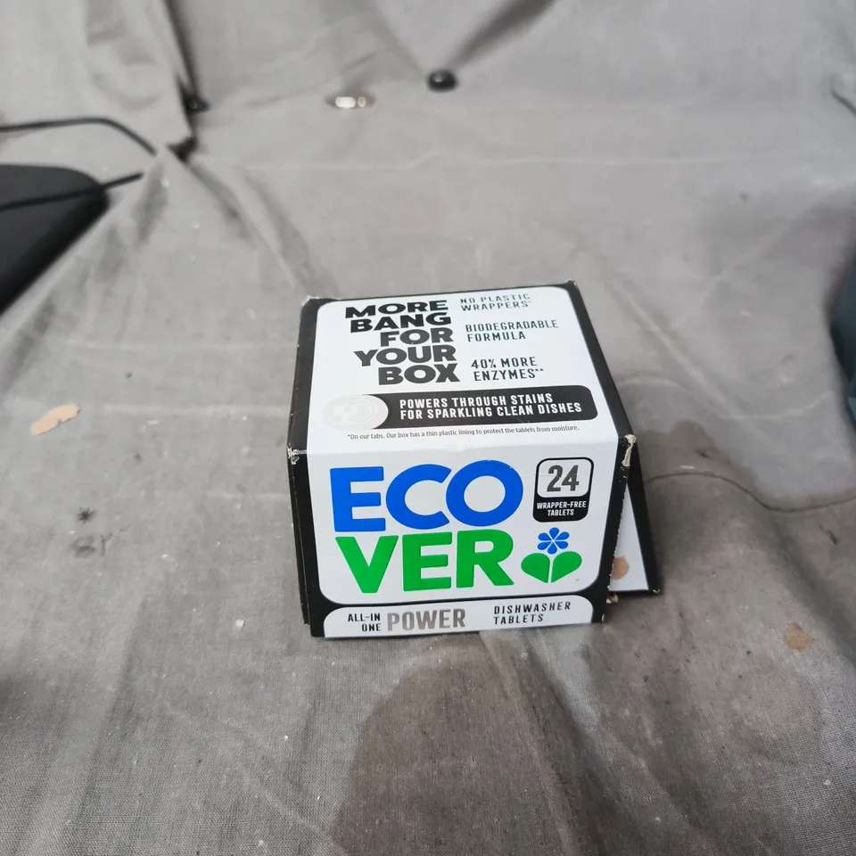 TOTE OF APPROXIMATELY 10 ASSORTED ITEMS TO INCLUDE: ECOVER DISHWASHER TABLETS 