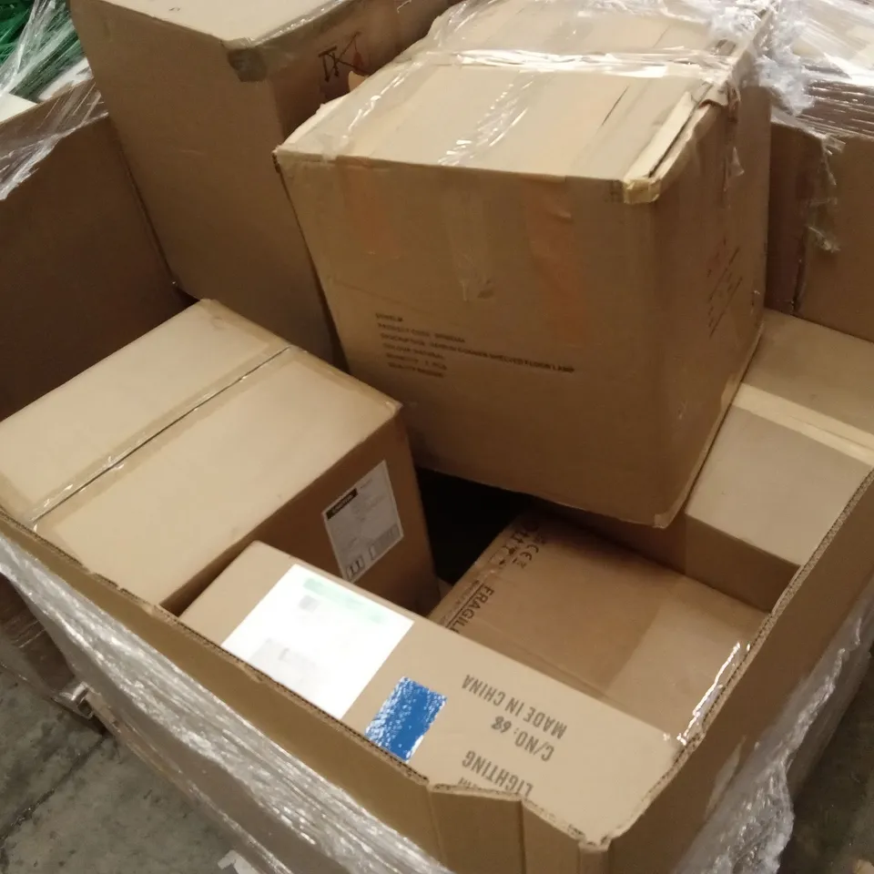 PALLET TO CONTAIN APPROXIMATELY 19 DESIGNER INDOOR LIGHTING PRODUCTS TO INCLUDE; CEILING LIGHTS, WALL LIGHTS, FLOOR LAMPS ETC