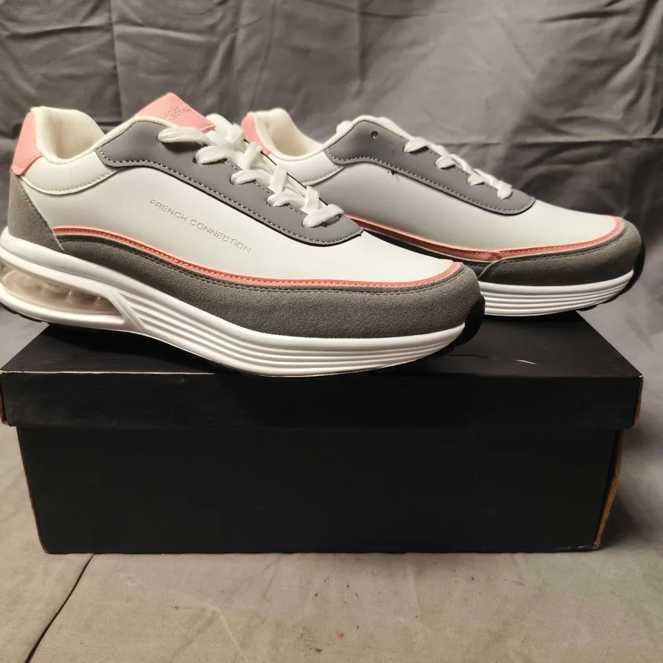 BOXED PAIR OF FRENCH CONNECTION TRAINERS IN GREY/PINK SIZE UK 7