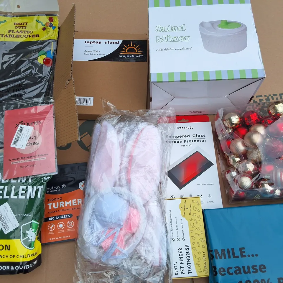 PALLET CONTAINING 6 LARGE BOXES OF ASSORTED HOUSEHOLD ITEMS TO INCLUDE RODENT REPELLENT,TABLETS COVERS,SALAD MIXER AND TUMERIC