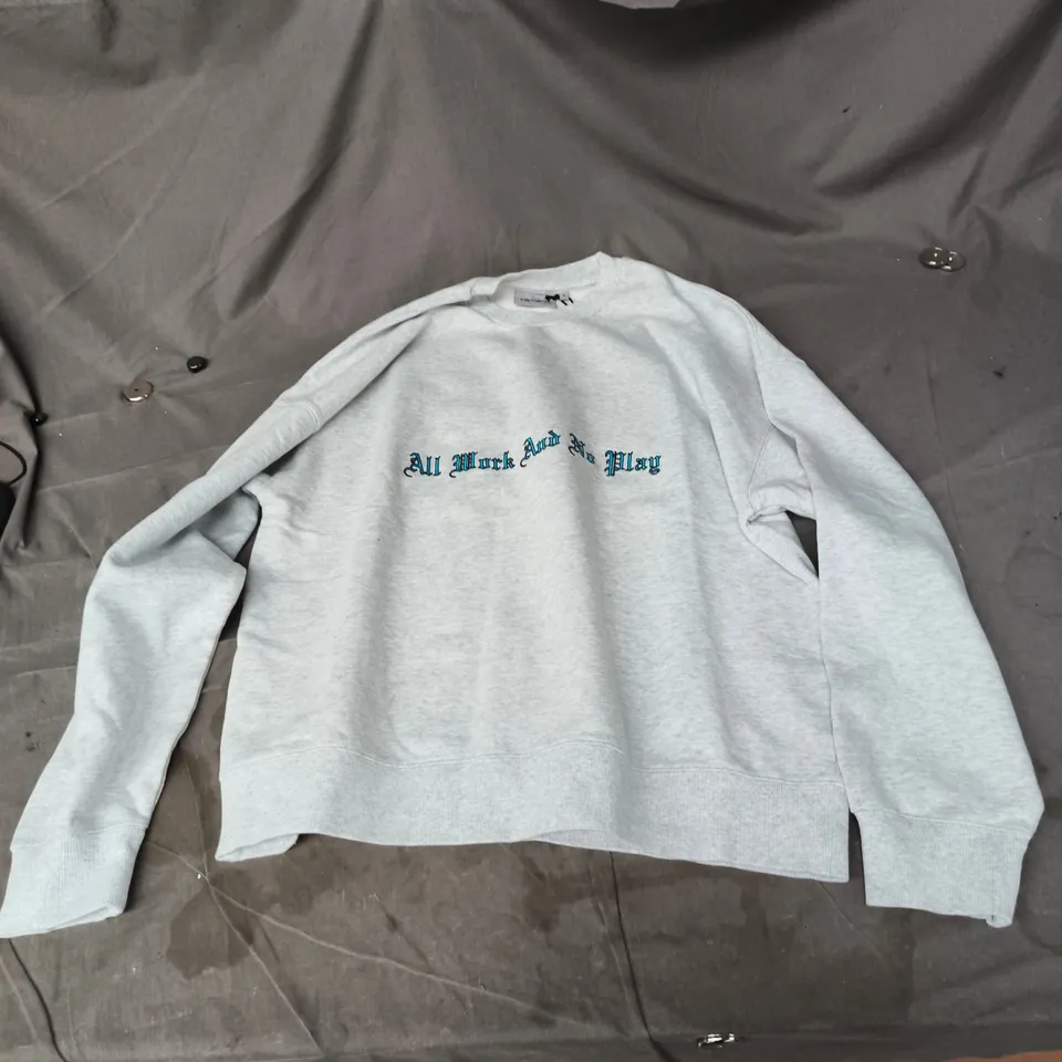 CARHARTT SWEATSHIRT – ASH HEATHER, SIZE S, ALL WORK AND NO PLAY PRINT