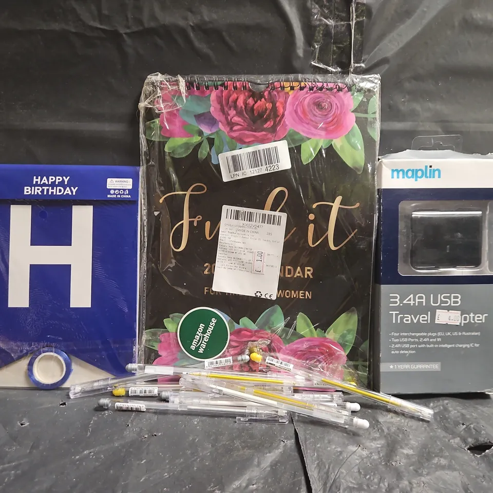 BOX OF APPROXIMATELY 40 ASSORTED ITEMS TO INCLUDE TRAVEL ADAPTER, GOLD AND SILVER PENS, ETC - COLLECTION ONLY