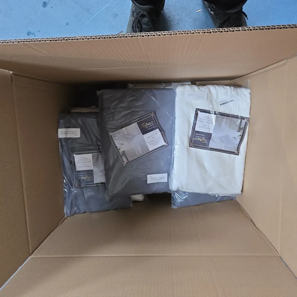 SET OF 3 DUVET COVERS IN GREY, BLUE AND WHITE – SEALED IN PLASTIC, BOX OF APPROXIMATELY 15