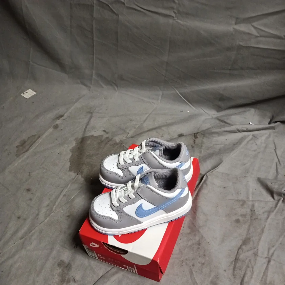 NIKE DUNK LOW TODDLER SNEAKERS – GREY/WHITE WITH LIGHT BLUE SWOOSH, UK 5.5 (US 6C) – BOXED 