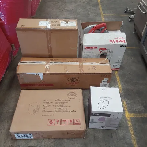 PALLET OF ASSORTED ITEMS INCLUDING: MAKITA PORTABLE CUT OFF SAW, BEDSIDE TABLE, CAMPING CHAIR, LED CEILING FAN LIGHT, MINI RICE COOKER ECT