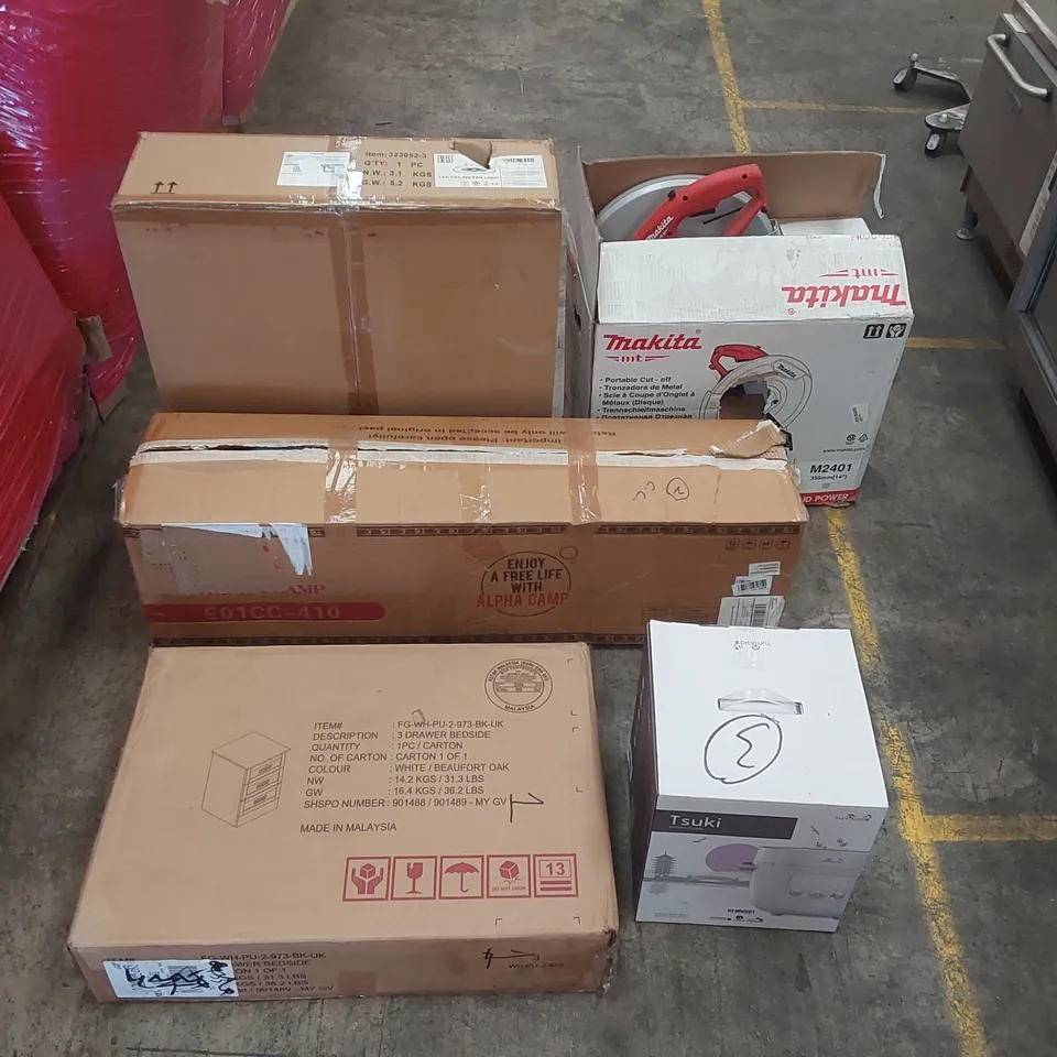 PALLET OF ASSORTED ITEMS INCLUDING: MAKITA PORTABLE CUT OFF SAW, BEDSIDE TABLE, CAMPING CHAIR, LED CEILING FAN LIGHT, MINI RICE COOKER ECT