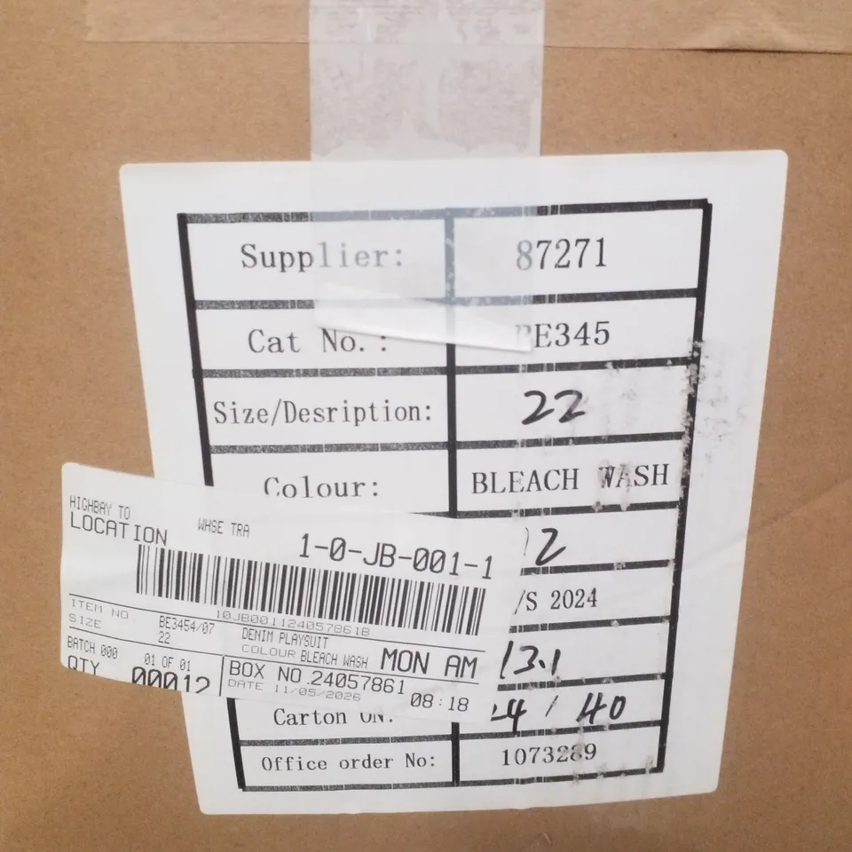 BOX CONTAINING APPROXIMATELY 12 BRAND NEW SIMPLY BE BLEACH WASH DENIM PLAYSUITS - SIZE 22