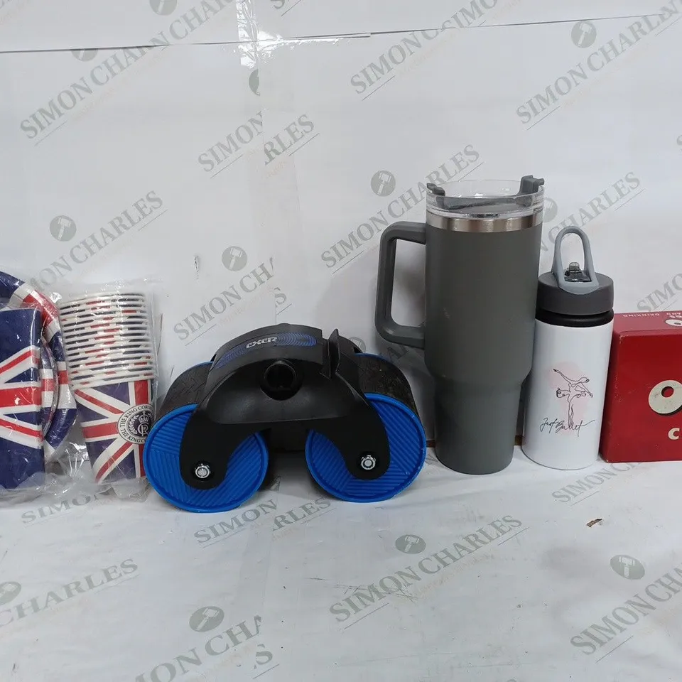 BOX OF APPROX 20 ASSORTED ITEMS TO INCLUDE - KING CHARLES PAPER PLATES & CUPS - OXO CUBES TIN BOX - THERMAL FLASK CUP ECT