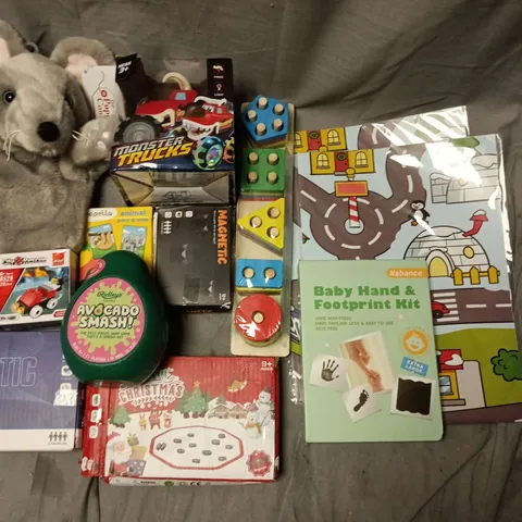 ASSORTED CHILDREN'S TOY BUNDLE: PLUSH MOUSE, MAGNETIC GAME, TOY TRUCKS & FOOTPRINT KIT
