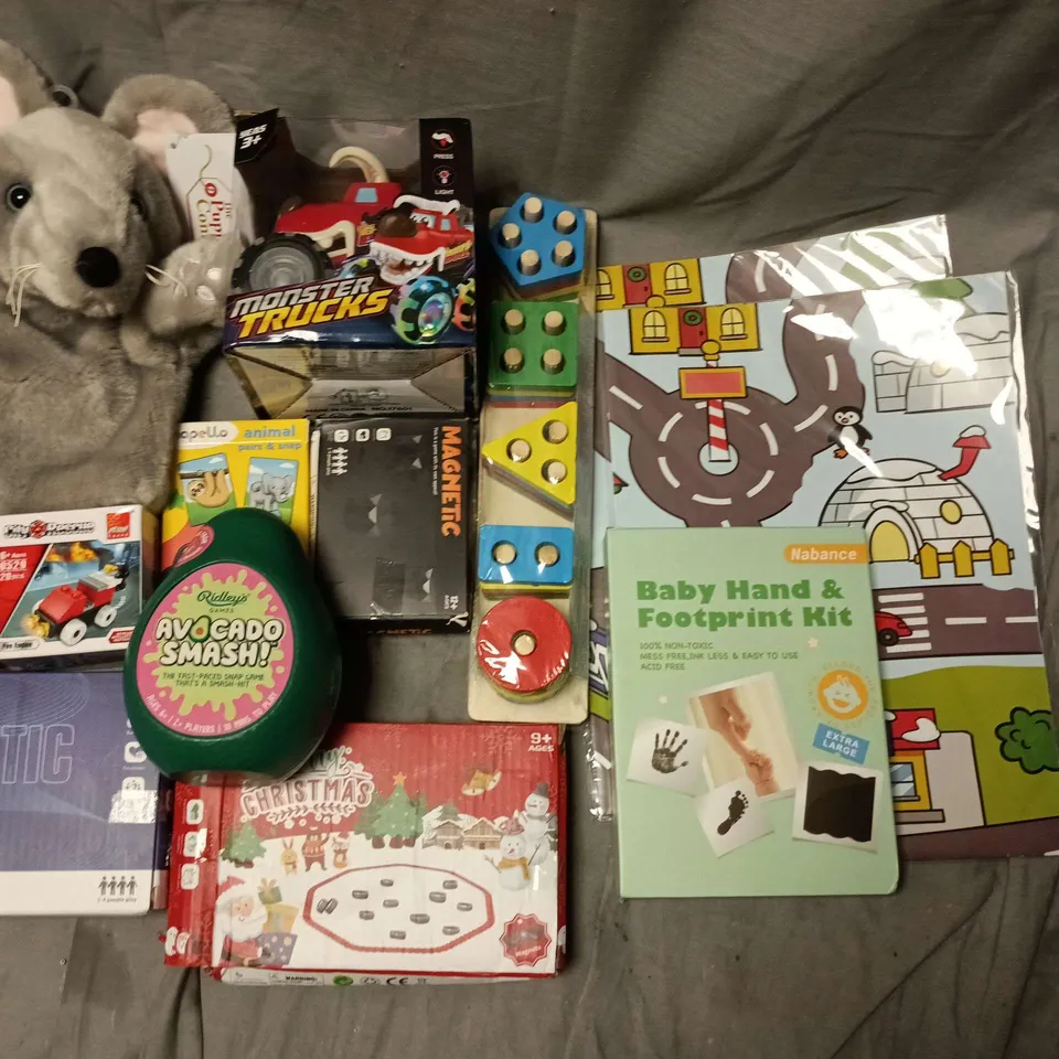 ASSORTED CHILDREN'S TOY BUNDLE: PLUSH MOUSE, MAGNETIC GAME, TOY TRUCKS & FOOTPRINT KIT